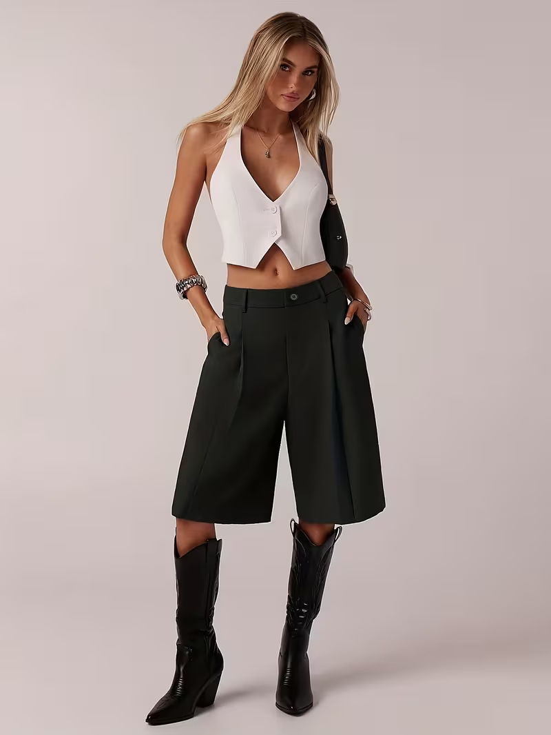 Women'S Elegant Designed Western Casual Trousers, Straight Wide Leg Dress Pants for Commute, Flowing 3/4 Length