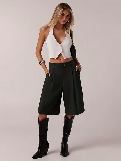 Women'S Elegant Designed Western Casual Trousers, Straight Wide Leg Dress Pants for Commute, Flowing 3/4 Length
