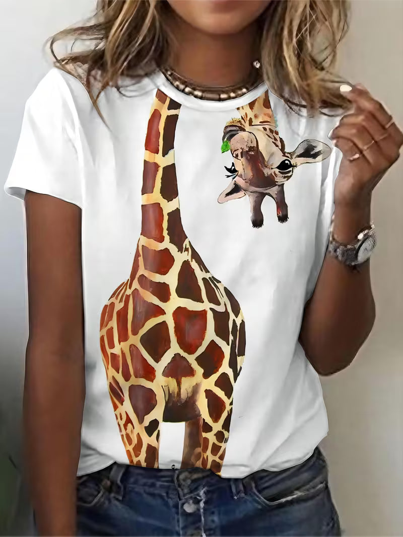 Women's Trendy Giraffe Watercolor Print Short Sleeve T-Shirt,
