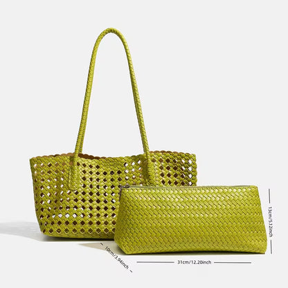 Woven Tote Bag, Black Hollow Design Handbag, Large Capacity Woven Shoulder Strap, Suitable for Daily Commute, Leisure Travel, And Seaside Vacation