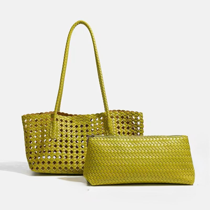 Woven Tote Bag, Black Hollow Design Handbag, Large Capacity Woven Shoulder Strap, Suitable for Daily Commute, Leisure Travel, And Seaside Vacation