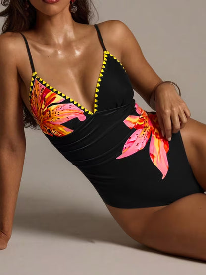 Women's Deep V-Neck Zigzag Hem Floral Print 1pc Swimsuit