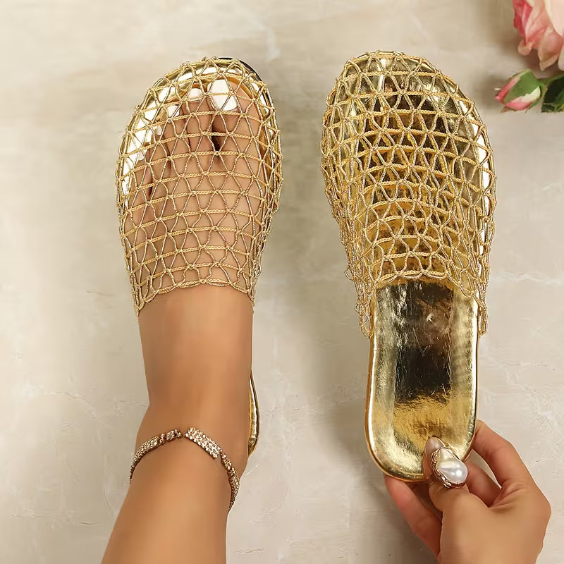 Vacation Hollow-Out Mesh Flat Sandals | Slip-On, Round Toe, Strappy Back, Fabric Upper And Inner, Rubber Sole, Synthetic Insole, Random Printing, Flat Heel, Women Shoes