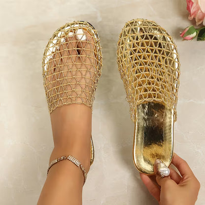 Vacation Hollow-Out Mesh Flat Sandals | Slip-On, Round Toe, Strappy Back, Fabric Upper And Inner, Rubber Sole, Synthetic Insole, Random Printing, Flat Heel, Women Shoes
