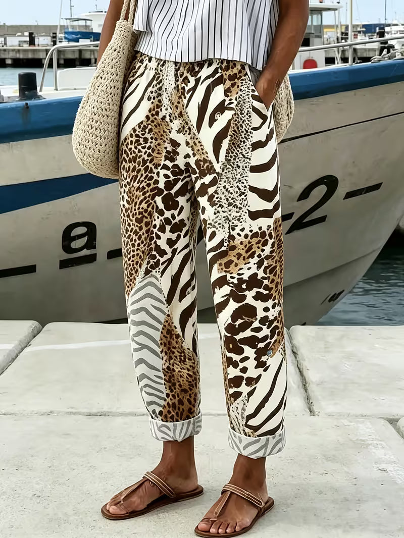 Women's Simple Printed Pants with Pockets, Elastic Waistband, Loose Fit for Spring/Summer, Ideal for Casual or Outdoor Wear, Elastic Waistband Pocket Pants for Women