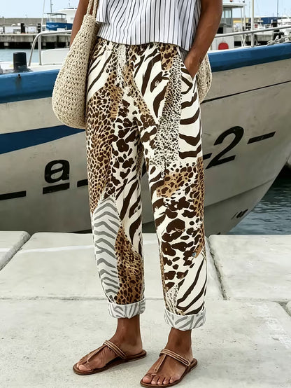Women's Simple Printed Pants with Pockets, Elastic Waistband, Loose Fit for Spring/Summer, Ideal for Casual or Outdoor Wear, Elastic Waistband Pocket Pants for Women
