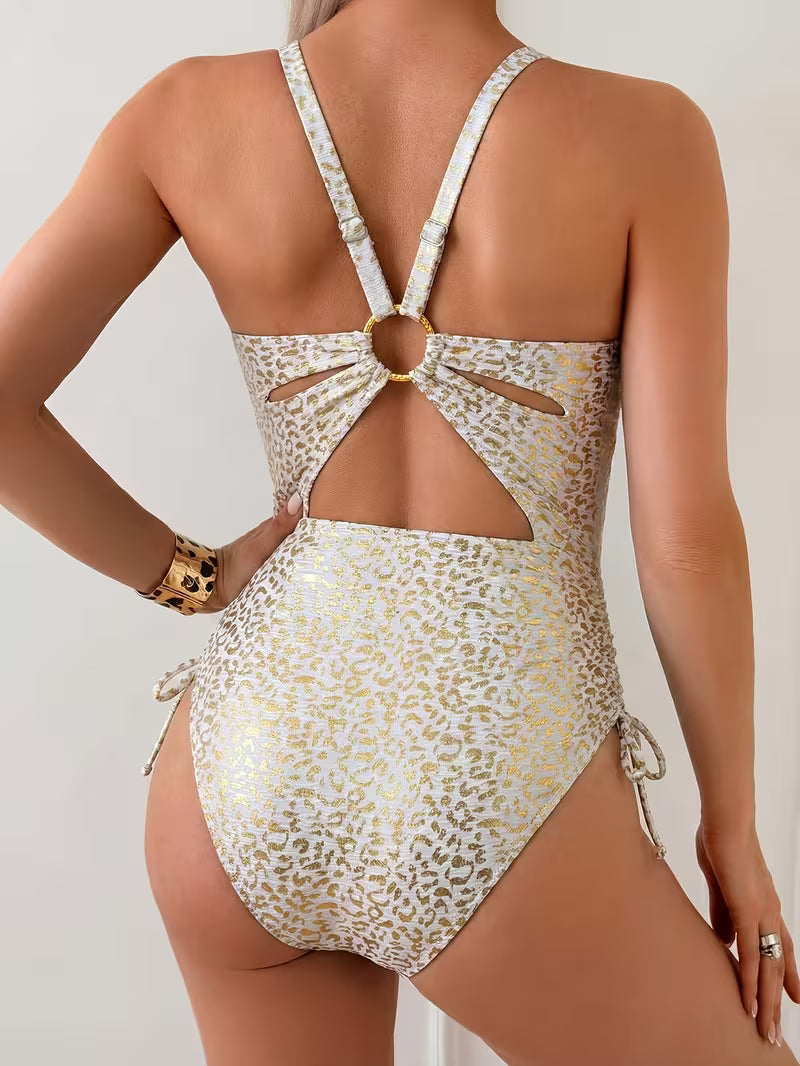 New Women's Summer One-piece Swimsuit, V-neck White Golden Tiger Print Fabric,Suitable for Beaches, Seaside, Pools, and Other Occasions