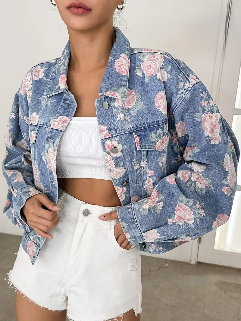 Women's Vintage Floral Print Denim Jacket - Relaxed Drop Shoulder Button-Front Closure