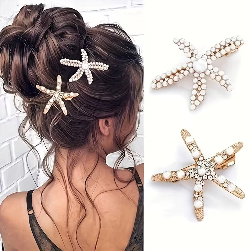 A Set of 2 Sweet Starfish Hair Clips Adorned with Faux Pearls, Elegant Hair Accessories for Women.