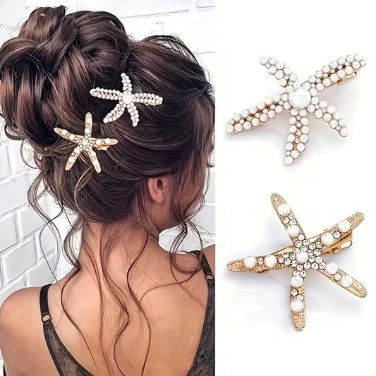 A Set of 2 Sweet Starfish Hair Clips Adorned with Faux Pearls, Elegant Hair Accessories for Women.