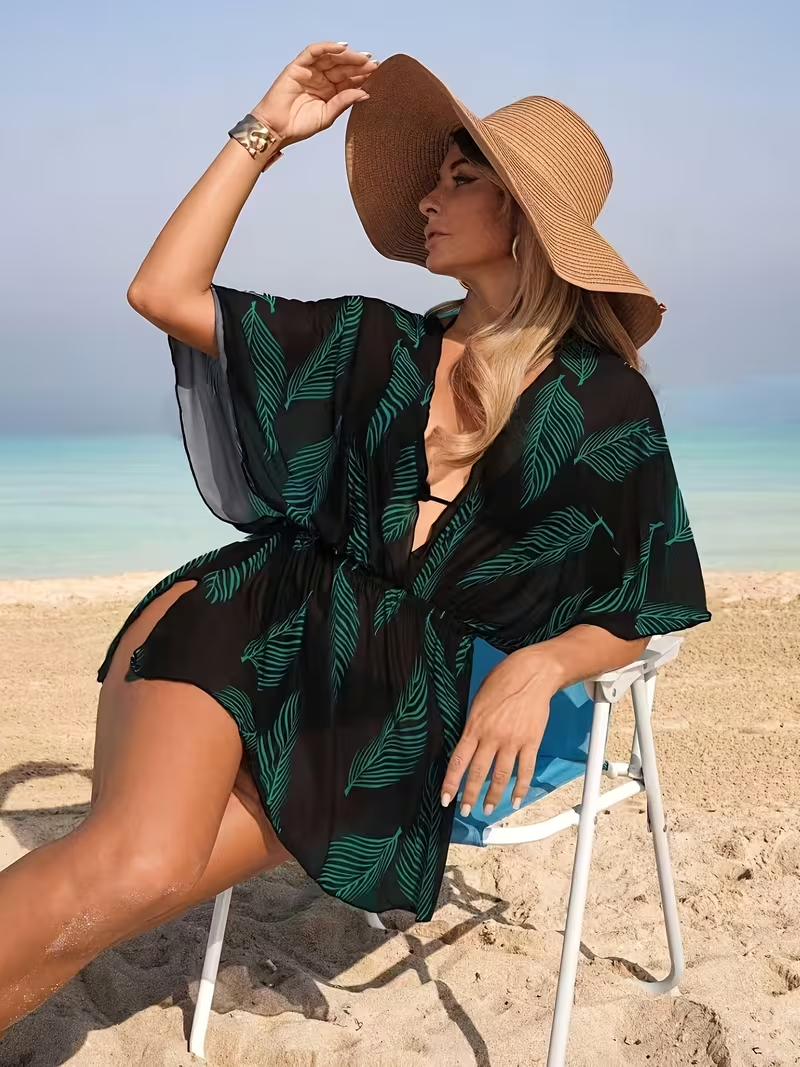 pc Women's Fashionable Tropical Leaf Print Sheer Mesh Gauze Swimsuit Cover-up