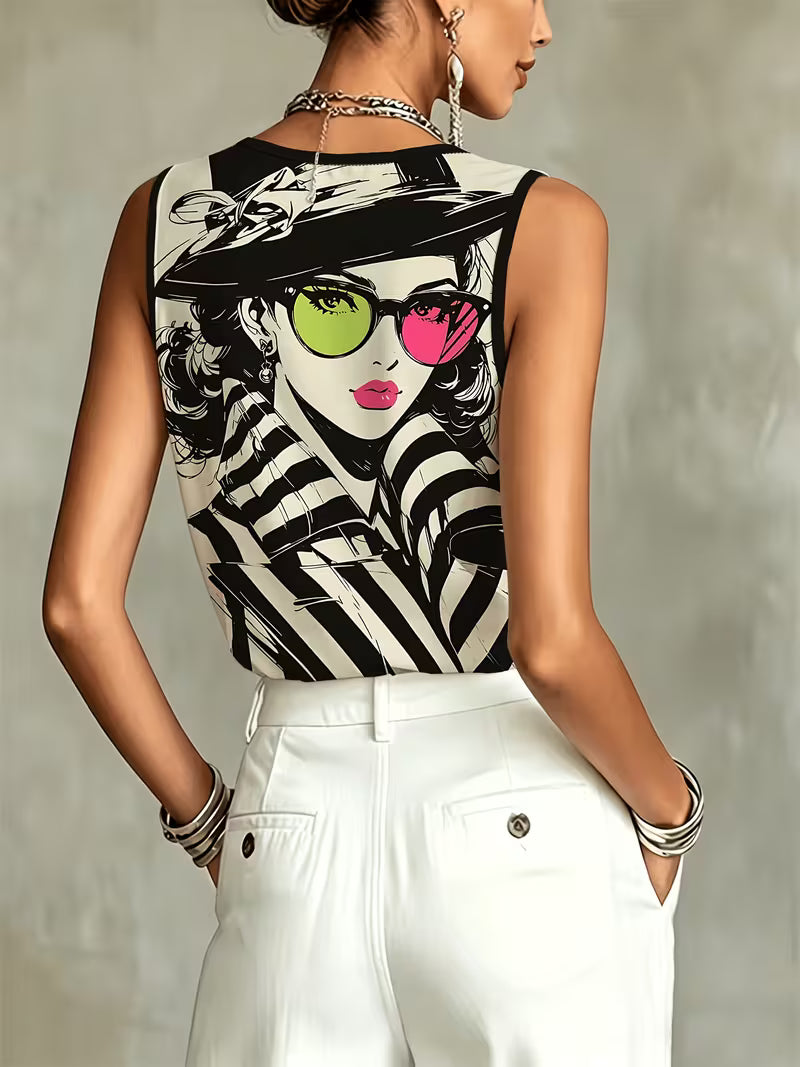 Fashion Printed Sleeveless Top, Women'S Trendy Individual Pattern Vest, Black And White Striped Design, Summer Versatile Style