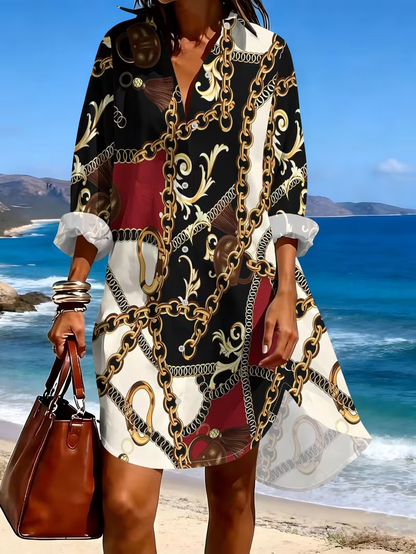 Women'S Long Sleeve Shirt Dress Summer Fashion Chain Print Casual Long Sleeve Shirt Dress