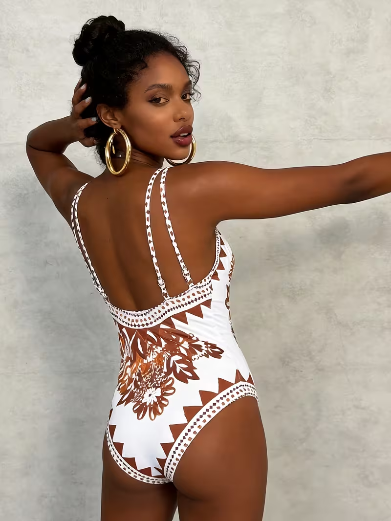 French-Style Vintage Print 1pc Swimsuit for Beach Vacations with a High-End Feel