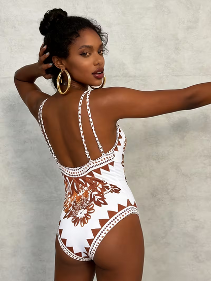 French-Style Vintage Print 1pc Swimsuit for Beach Vacations with a High-End Feel