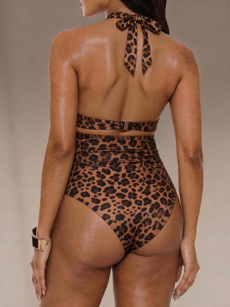 Summer New Women's Leopard Print Halter Neck Hollow-Out 1pc Beach Swimsuit