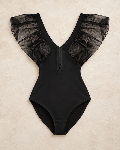 Black Woven Garnish Attached Flexible Knitted Bodysuit