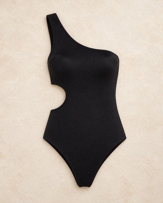 Black One Shoulder Cut Out/Window Textured Regular Swimsuit