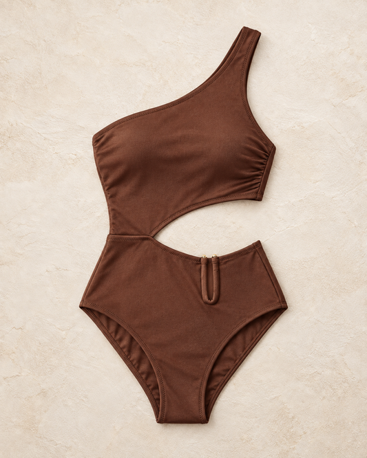 Brown One Shoulder Accessory Regular Swimsuit