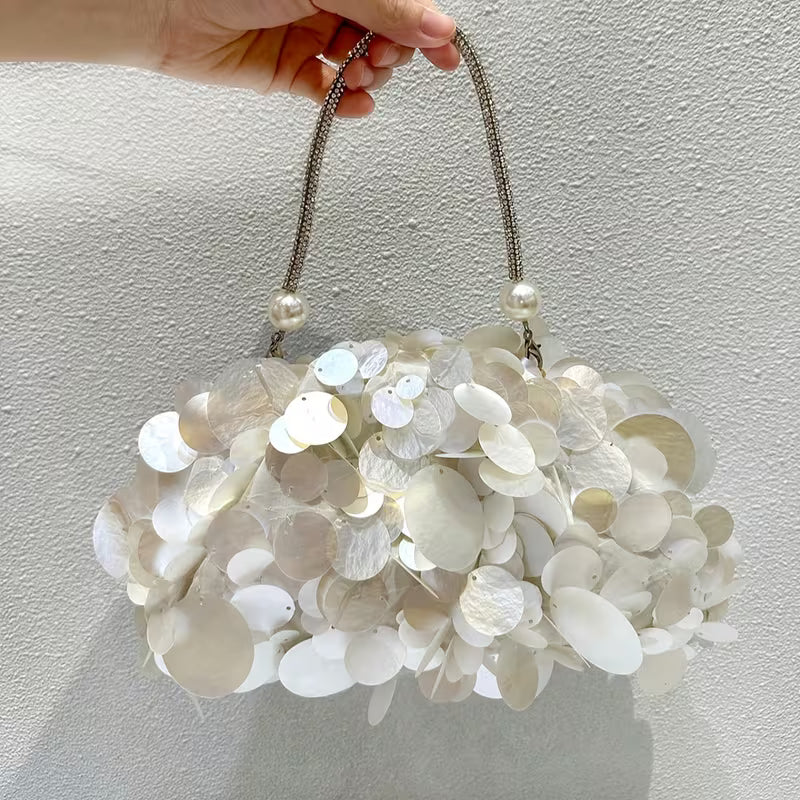 1 Elegant Simulated Shell Sequin Women'S Handbag, Luxurious Pearl Crystal Handle