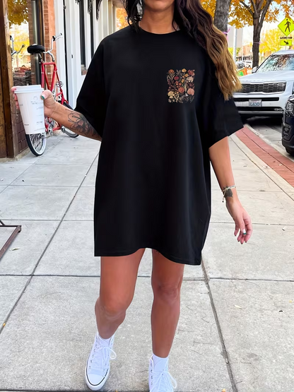 Short-Sleeve Round-Neck T-Shirt Dress with a Reversible Floral Print Design