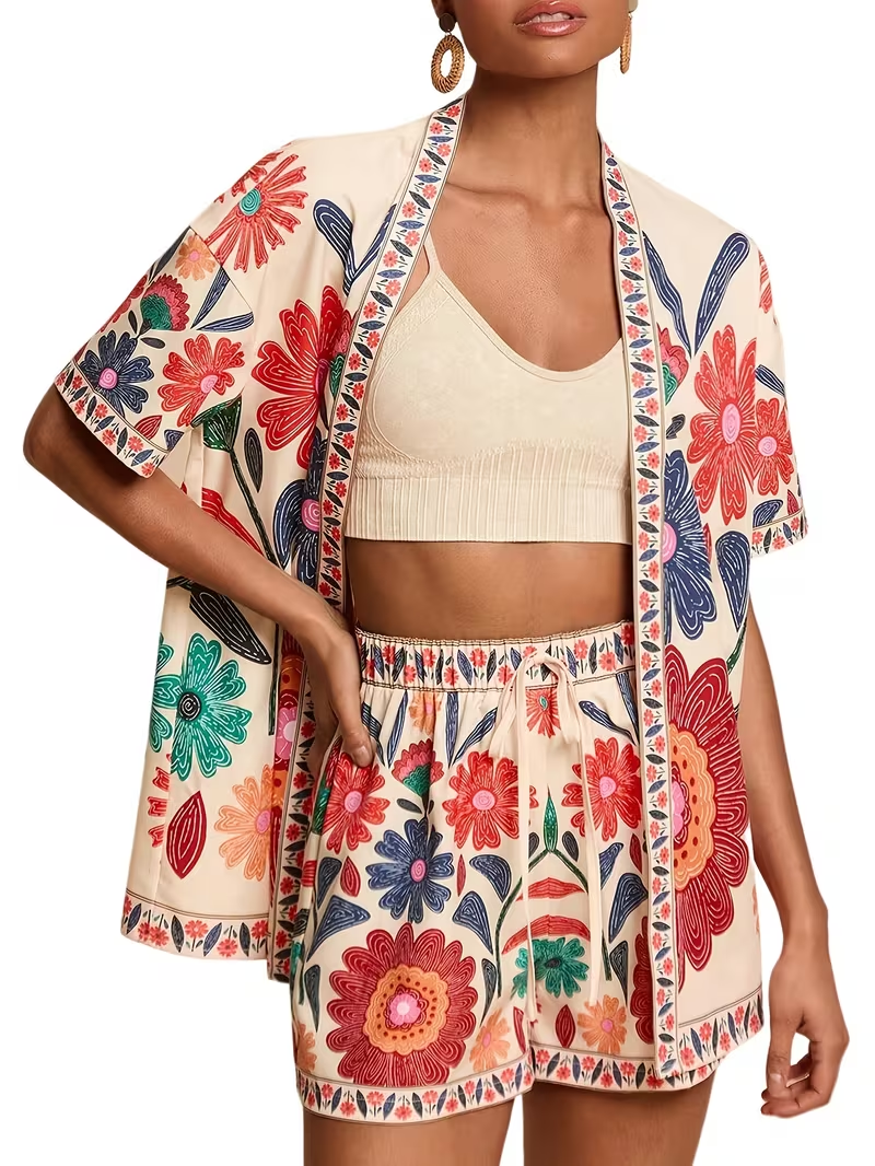 2pcs Tropical Print Short Sleeve Top and Shorts Set