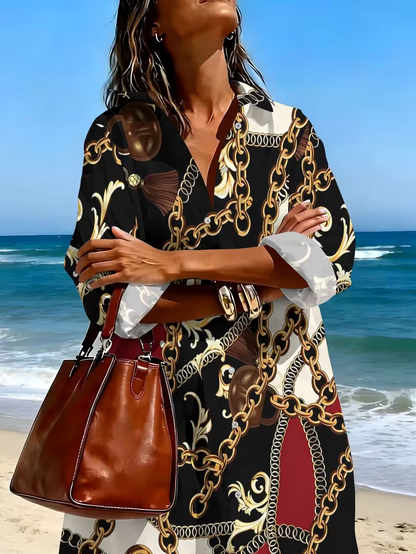 Women'S Long Sleeve Shirt Dress Summer Fashion Chain Print Casual Long Sleeve Shirt Dress
