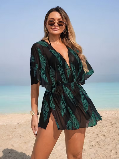 pc Women's Fashionable Tropical Leaf Print Sheer Mesh Gauze Swimsuit Cover-up