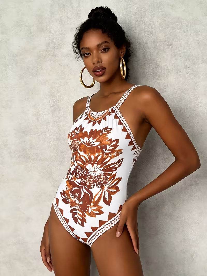 French-Style Vintage Print 1pc Swimsuit for Beach Vacations with a High-End Feel