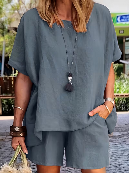 Ladies' Summer New Solid Color Linen Shorts Suit, Fashionable And Elegant Plain Casual Women'S Top And Shorts Two-Piece Set
