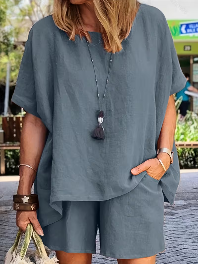 Ladies' Summer New Solid Color Linen Shorts Suit, Fashionable And Elegant Plain Casual Women'S Top And Shorts Two-Piece Set
