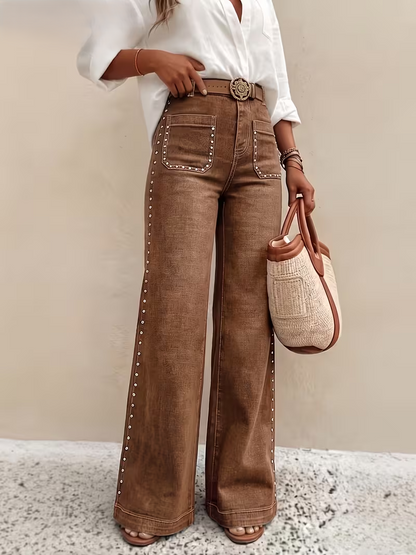 Ladies' New Stretch Button- Wide-Leg Jeans, BrownFull-Buttoned High-Waist Casual Trousers, Street-