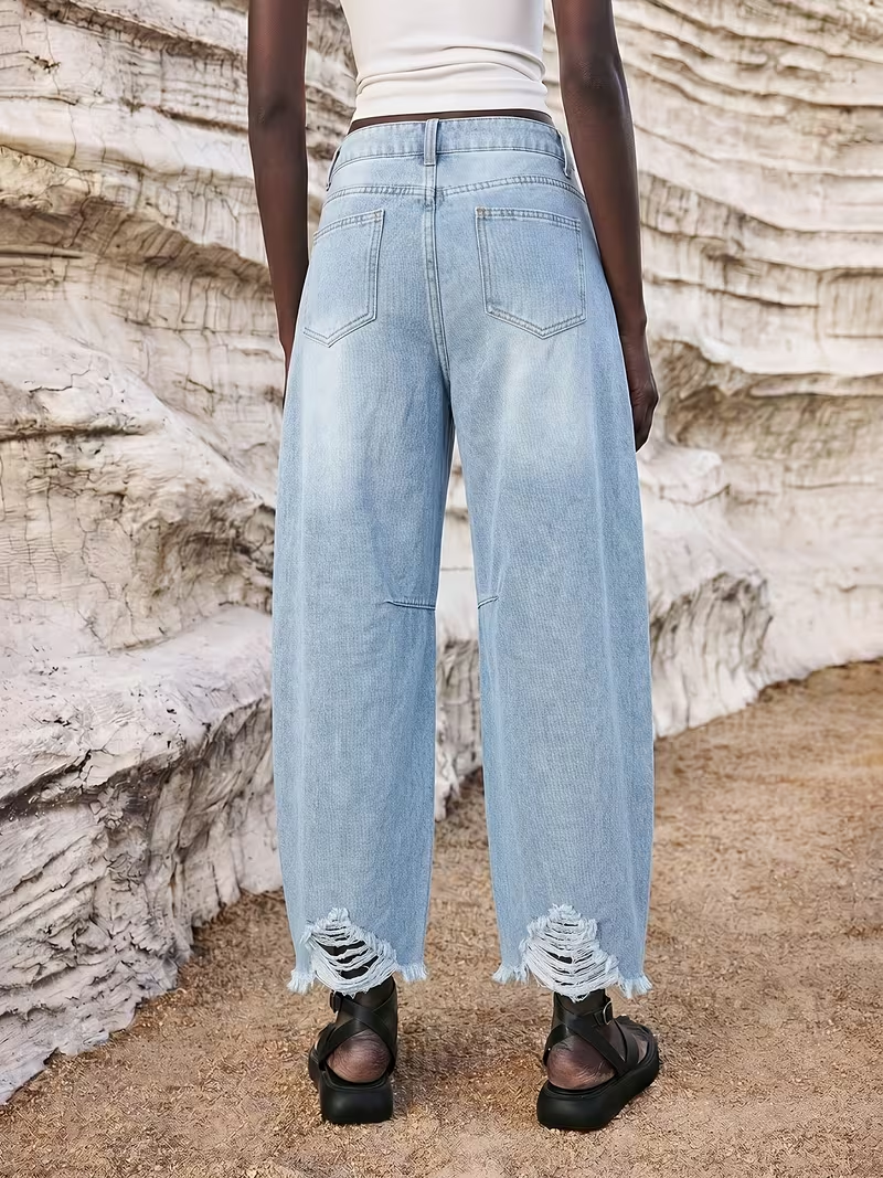 Women's New Non-Stretch Mid-Waist Scimitar Jeans with Distressed Raw