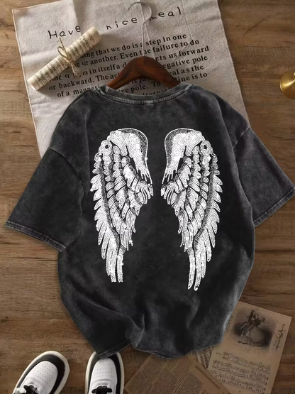 Women'S Summer Wings Printed Round Neck Short Sleeve Retro Casual Daily Washed T-Shirt Tops