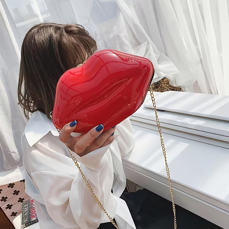 New Korean-style Bright Red Creative Personality Lip-shaped Bag, a Small Glossy Chain-strap Single-shoulder Crossbody Bag for