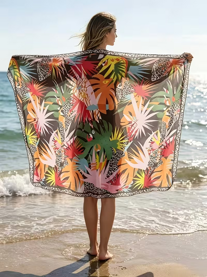 Summer Multi-Functional Beach Vacation Mesh Large Square Scarf, Women's Tropical Leaf and Leopard Print Sheer Beach Mesh Skirt, Tie-Up Swimwear Cover-Up Dress with Multiple Wearing Styles