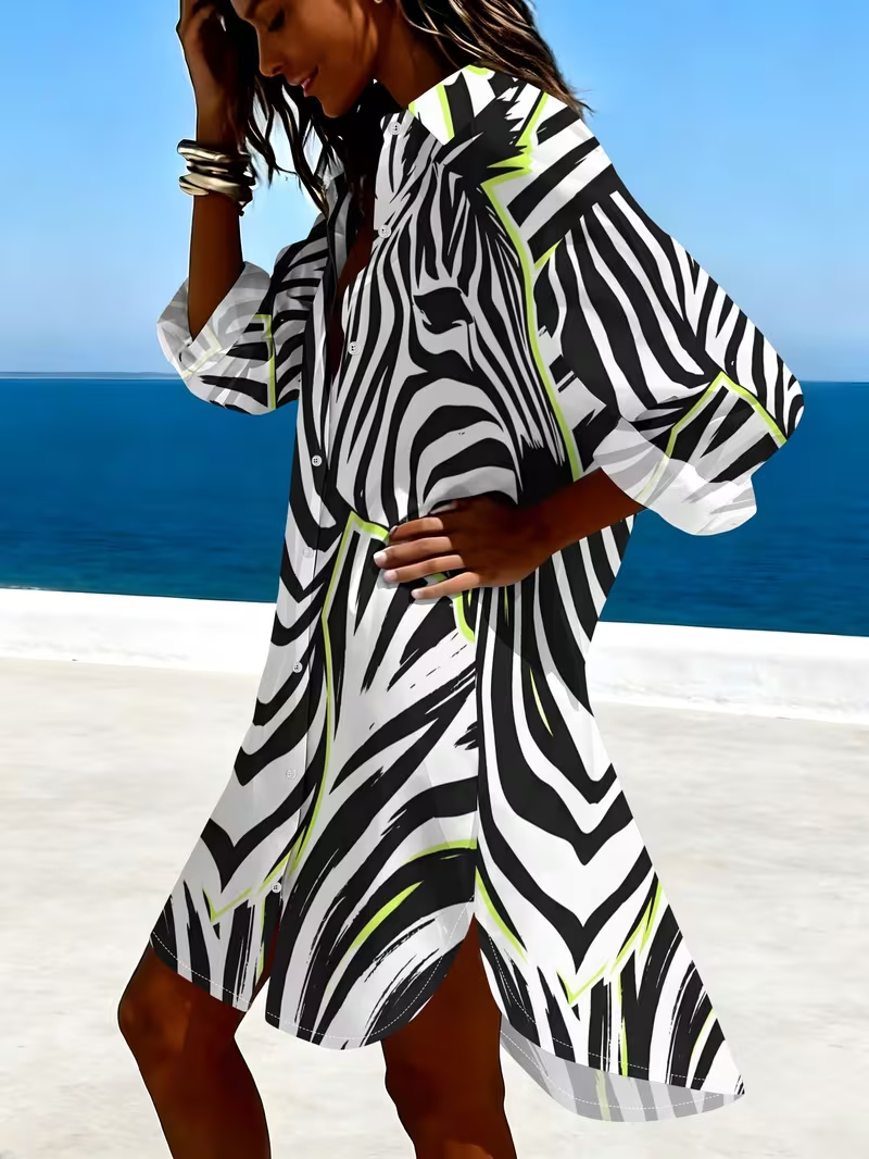 Women'S Long Sleeve Shirt Dress, Individual Zebra Print Contrast Long Sleeve Shirt Dress