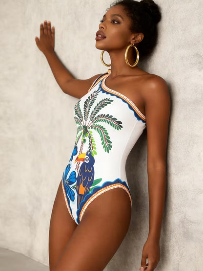 Women'S New Premium Parrot Print One-Piece Triangle Tummy Control Backless Beach Outfit