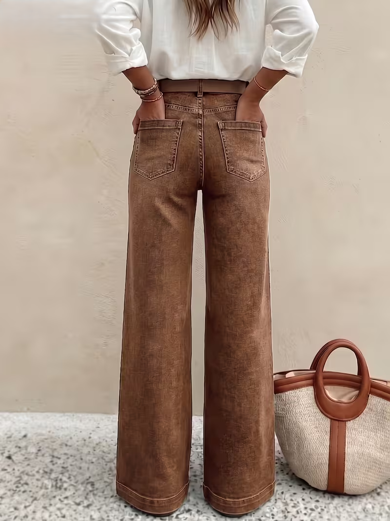 Ladies' New Stretch Button- Wide-Leg Jeans, BrownFull-Buttoned High-Waist Casual Trousers, Street-