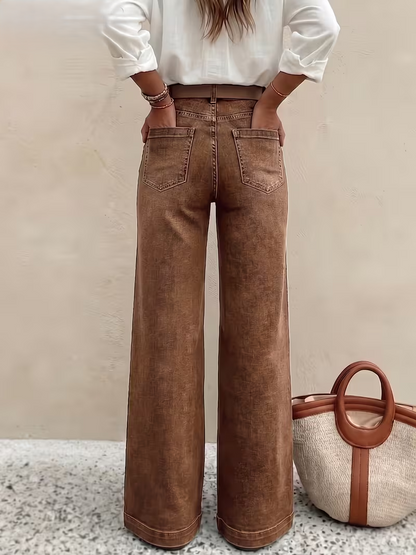 Ladies' New Stretch Button- Wide-Leg Jeans, BrownFull-Buttoned High-Waist Casual Trousers, Street-