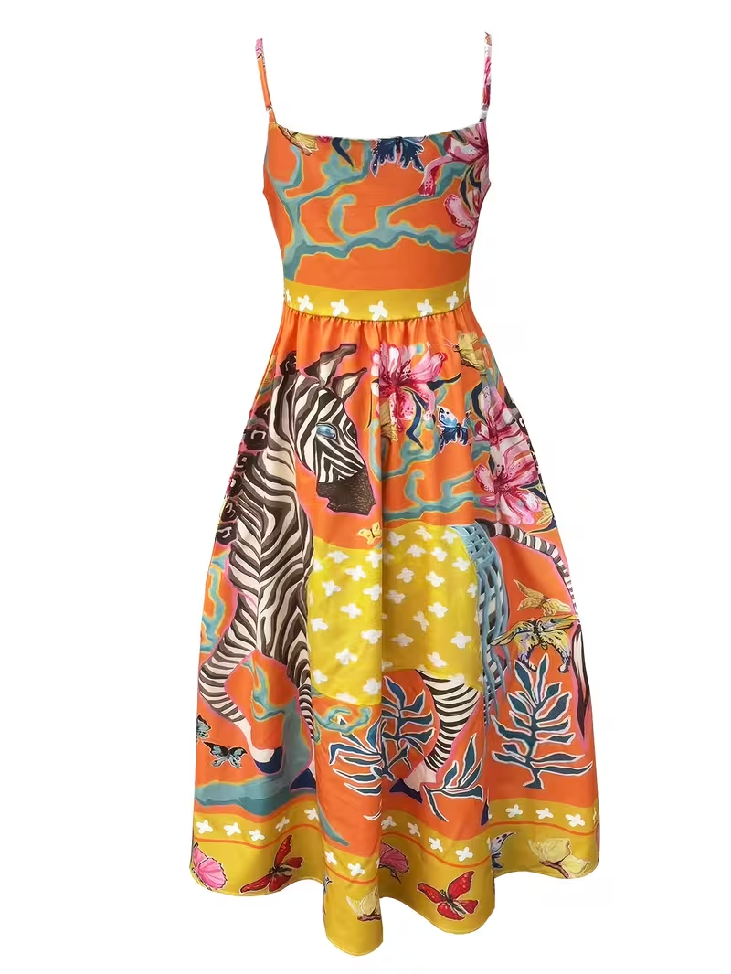 Colorful Zebra and Floral Print Camisole Dress, Tropical Seaside Beach Sweet Youthful Women's Elegant Bohemian Party Cocktail Dress, Sleeveless Spaghetti Strap Midi High-Waist A-Line