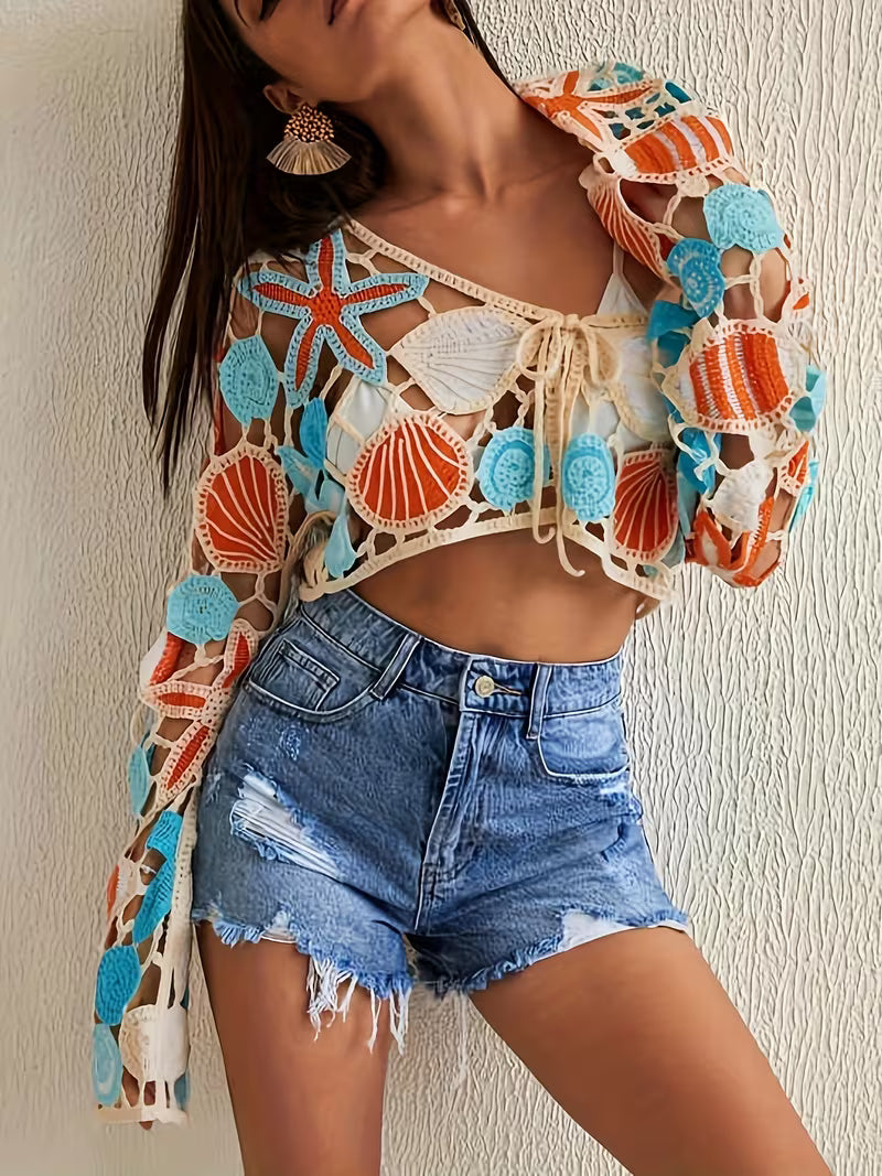 Beach Seaside Women'S Crochet Crop Top Drawstring Blouse Fashion Bohemian Cover-Up
