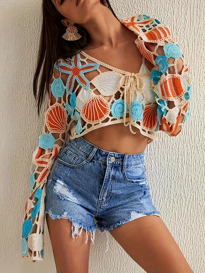 Beach Seaside Women'S Crochet Crop Top Drawstring Blouse Fashion Bohemian Cover-Up