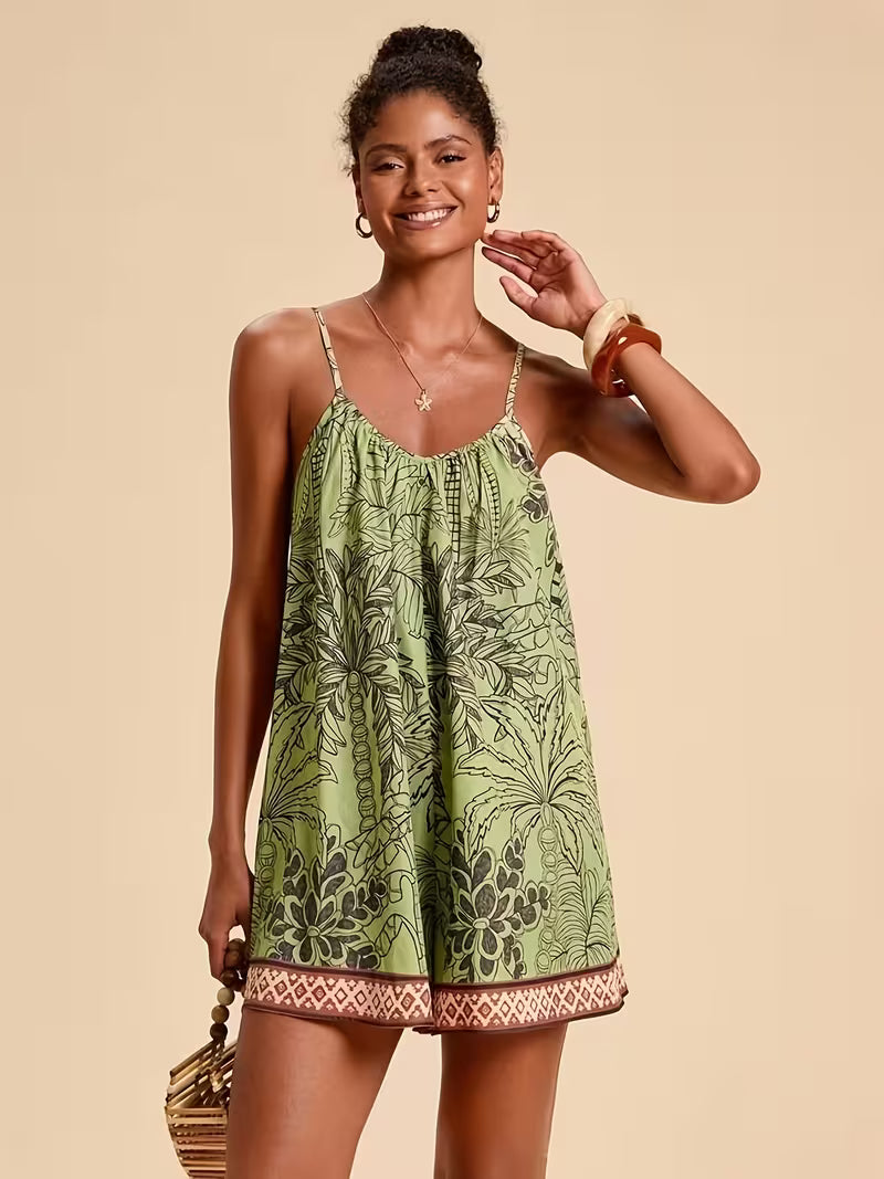Women'S Tropical Style Printed Casual Jumpsuit, Suitable for Vacation Wear