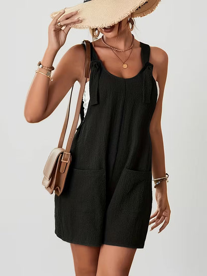 Solid Color Overalls, Casual Sleeveless Loose Shorts for Women