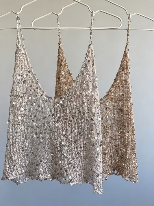 Sequined Hollow-Out Camisole 2pcs Set, V-Neck Beach Cover-Up with Straps, A Must-Have for Creating a Beachy Vibe, Perfect for Vacation, Hot Everyday Layering, Outerwear, Vacation Outfits, Music Festivals