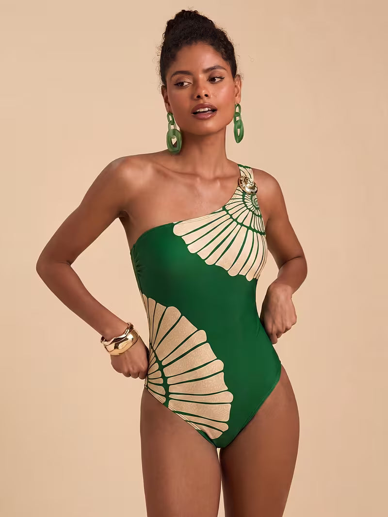 One-Piece Swimsuit, Art Deco Print One-Shoulder Bathing Suit for Pool And Beach