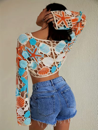 Beach Seaside Women'S Crochet Crop Top Drawstring Blouse Fashion Bohemian Cover-Up