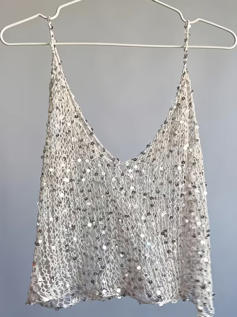Sequined Hollow-Out Camisole 2pcs Set, V-Neck Beach Cover-Up with Straps, A Must-Have for Creating a Beachy Vibe, Perfect for Vacation, Hot Everyday Layering, Outerwear, Vacation Outfits, Music Festivals