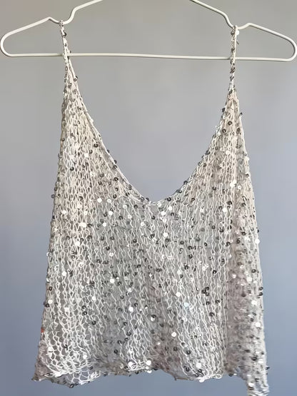 Sequined Hollow-Out Camisole 2pcs Set, V-Neck Beach Cover-Up with Straps, A Must-Have for Creating a Beachy Vibe, Perfect for Vacation, Hot Everyday Layering, Outerwear, Vacation Outfits, Music Festivals